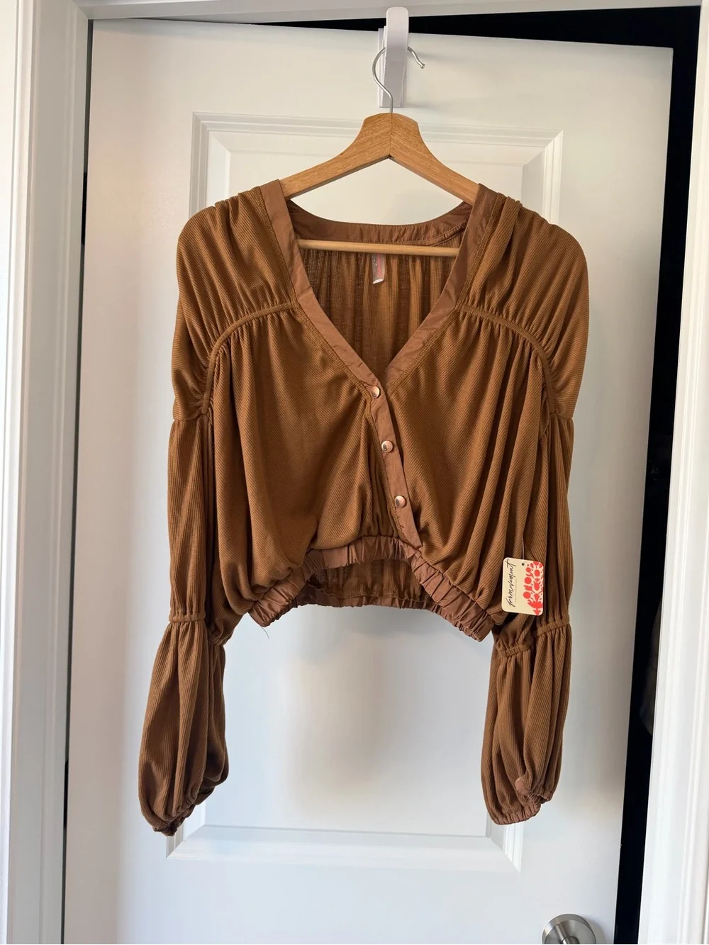 Free People Cropped Balloon-Sleeve Top in Camel Brown